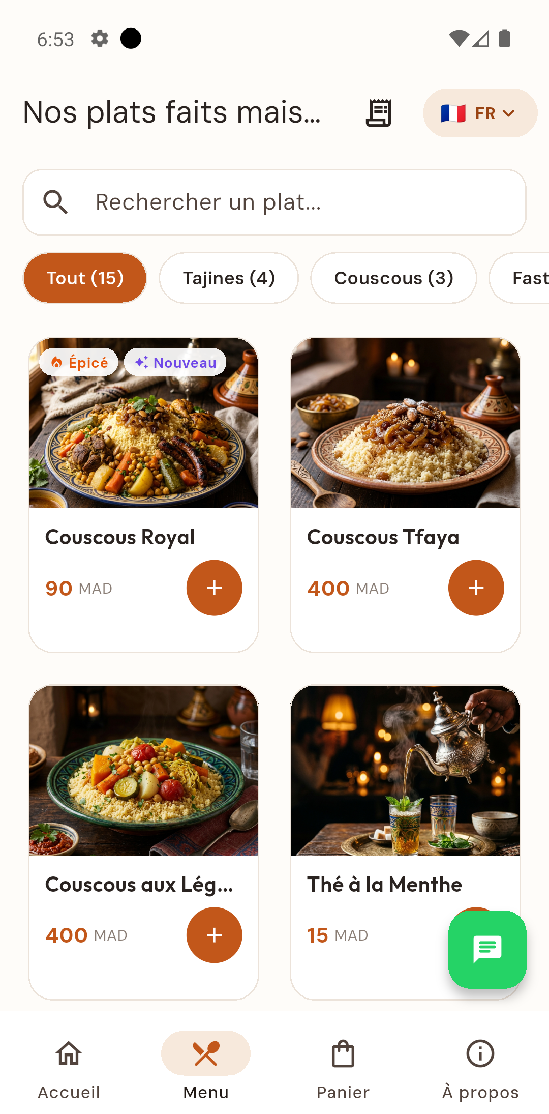 Racha Food app menu with dishes